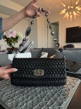 Miu Miu Black Quilted Shoulder Bag with Crystal-Link Chain